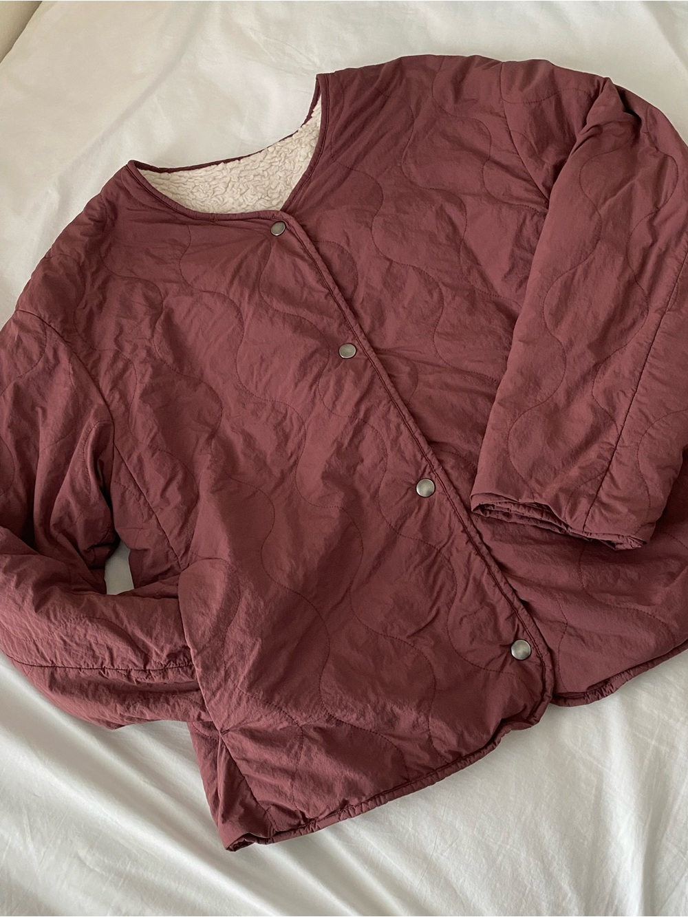 Uniqlo Women's Burgundy Pile Lined Fleece Quilted Reversible Jacket Size: Small